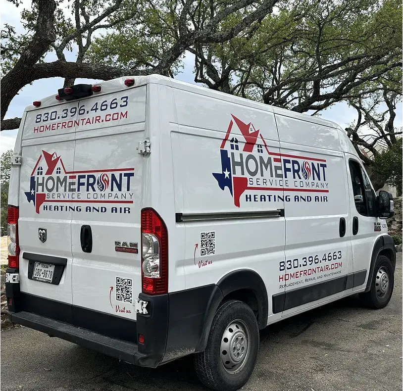 HomeFront Heating & Air service van with company branding in the Texas Hill Country