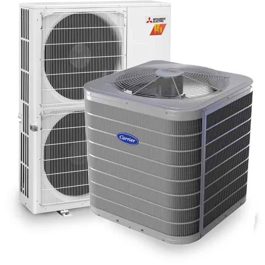 Mitsubishi Electric outdoor heat pump unit and Carrier air conditioner condenser