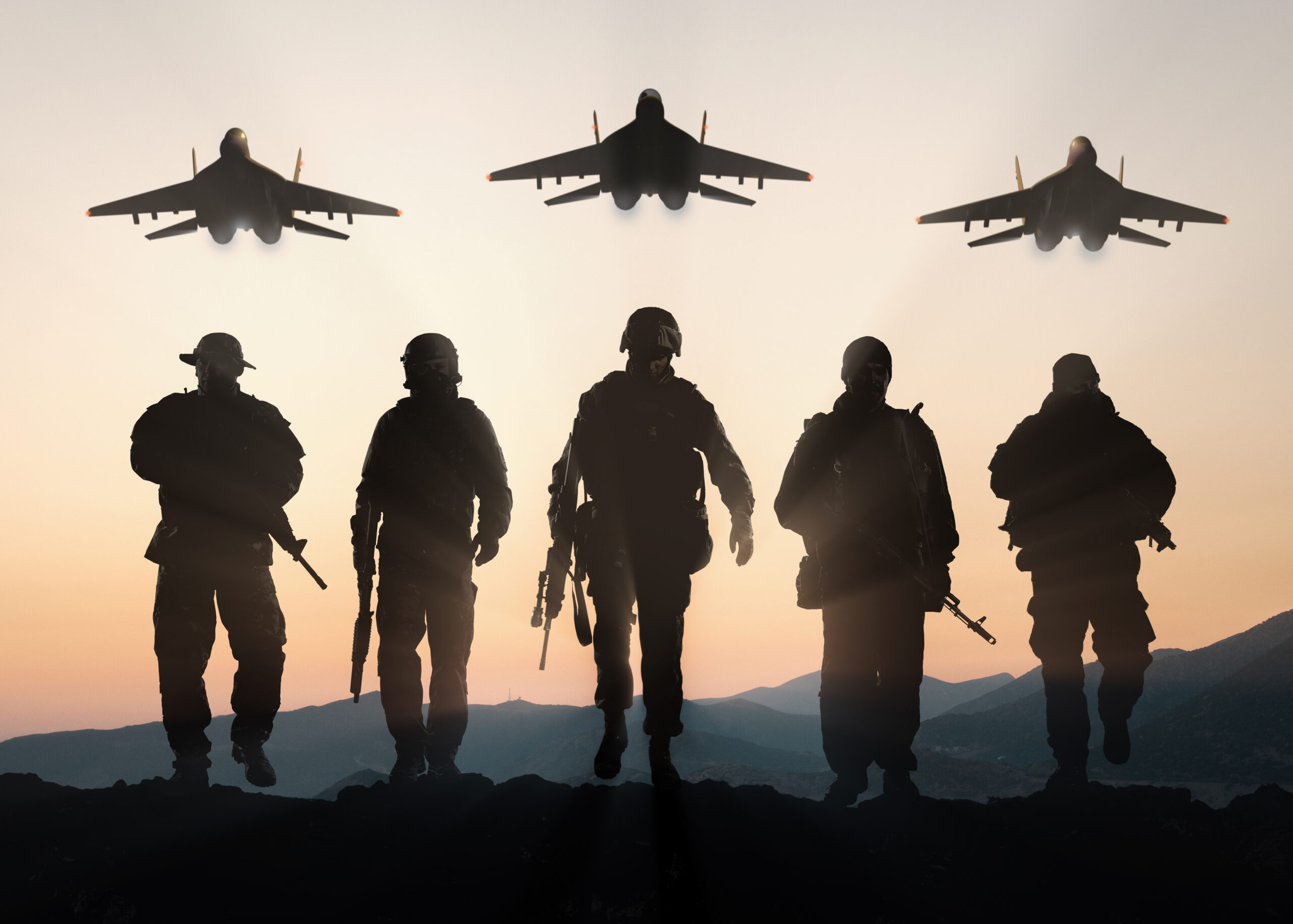 Military,Silhouettes,Of,Soldiers,And,Airforce,Against,The,Backdrop,Of